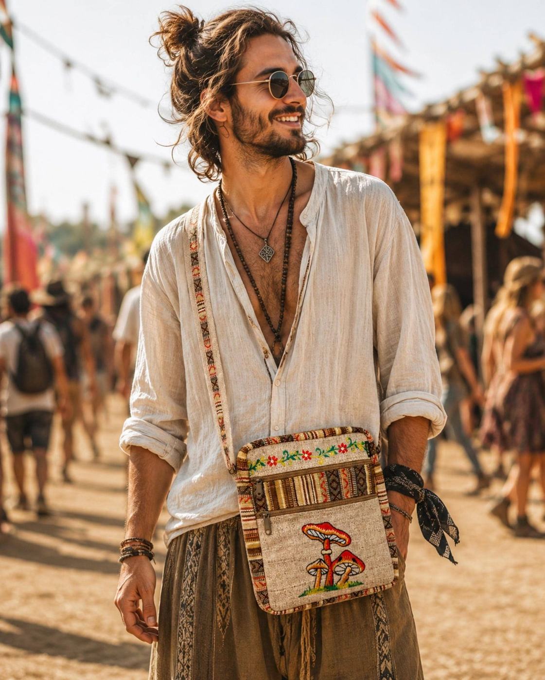 Man at a festival wearing the mushroom crossbody bag
